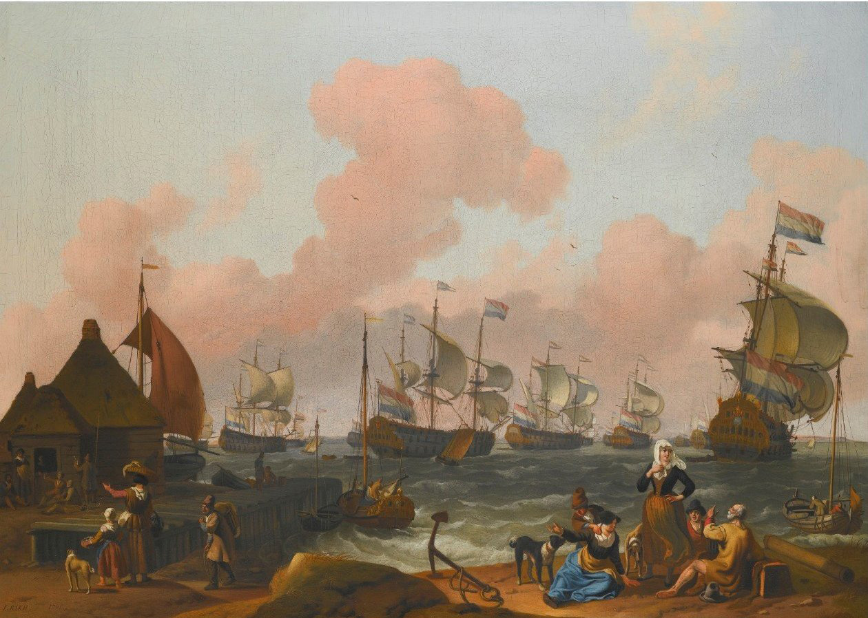 a coastal landscape with many figures on the shore by a quay